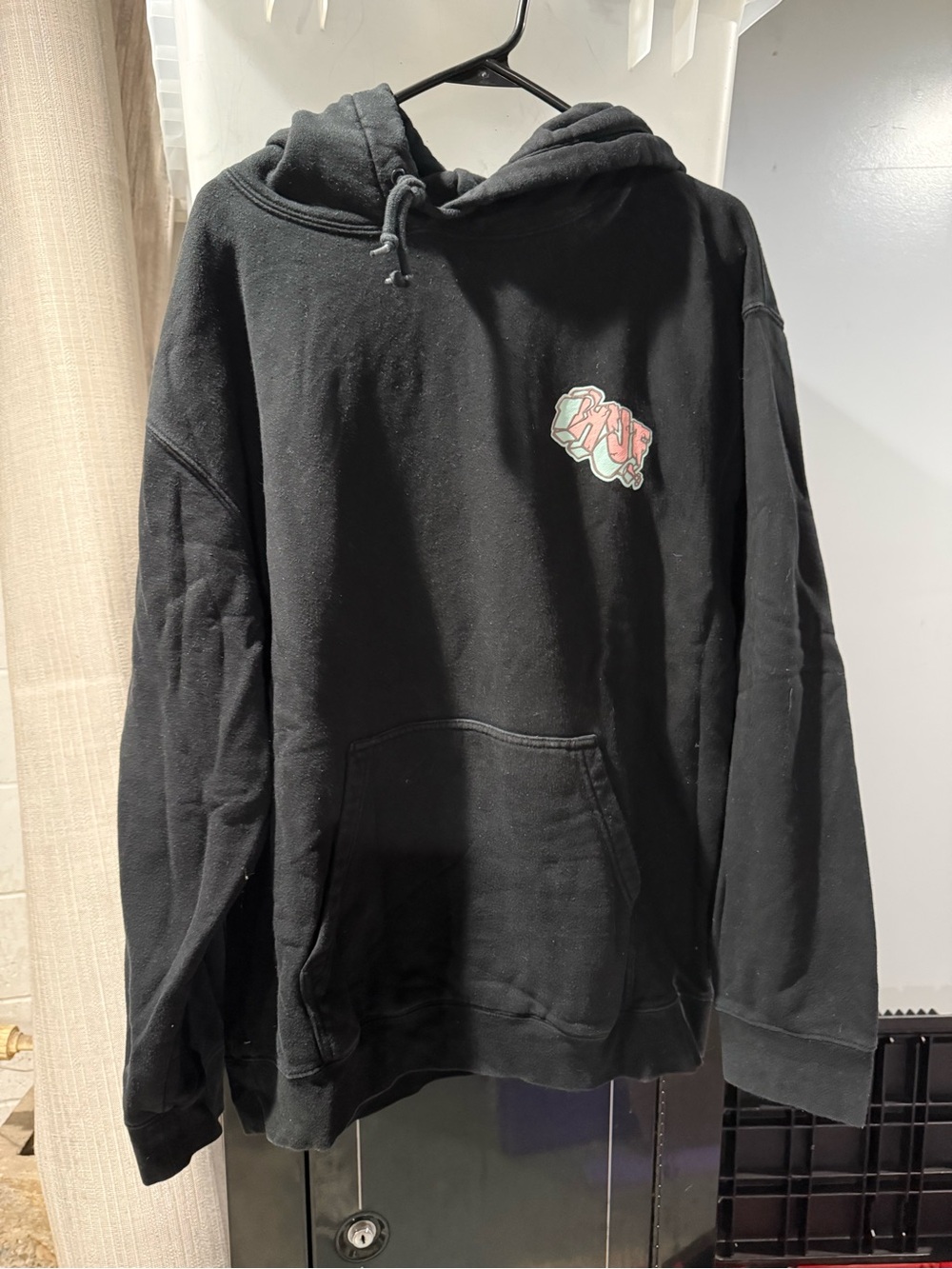 HUF Black Crewneck Hoodie with Small Pink & Mint Logo